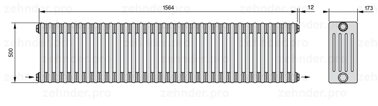 Схема (чертеж) Радиатор Zehnder Charleston 5050/34 №2670 Белый глянцевый RAL 9016